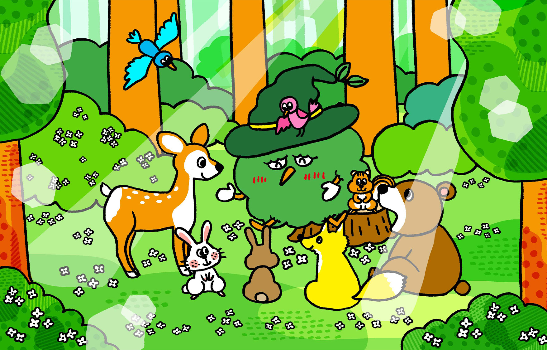 森の中でたのしそうに動物や鳥たちと話をしているウィザー