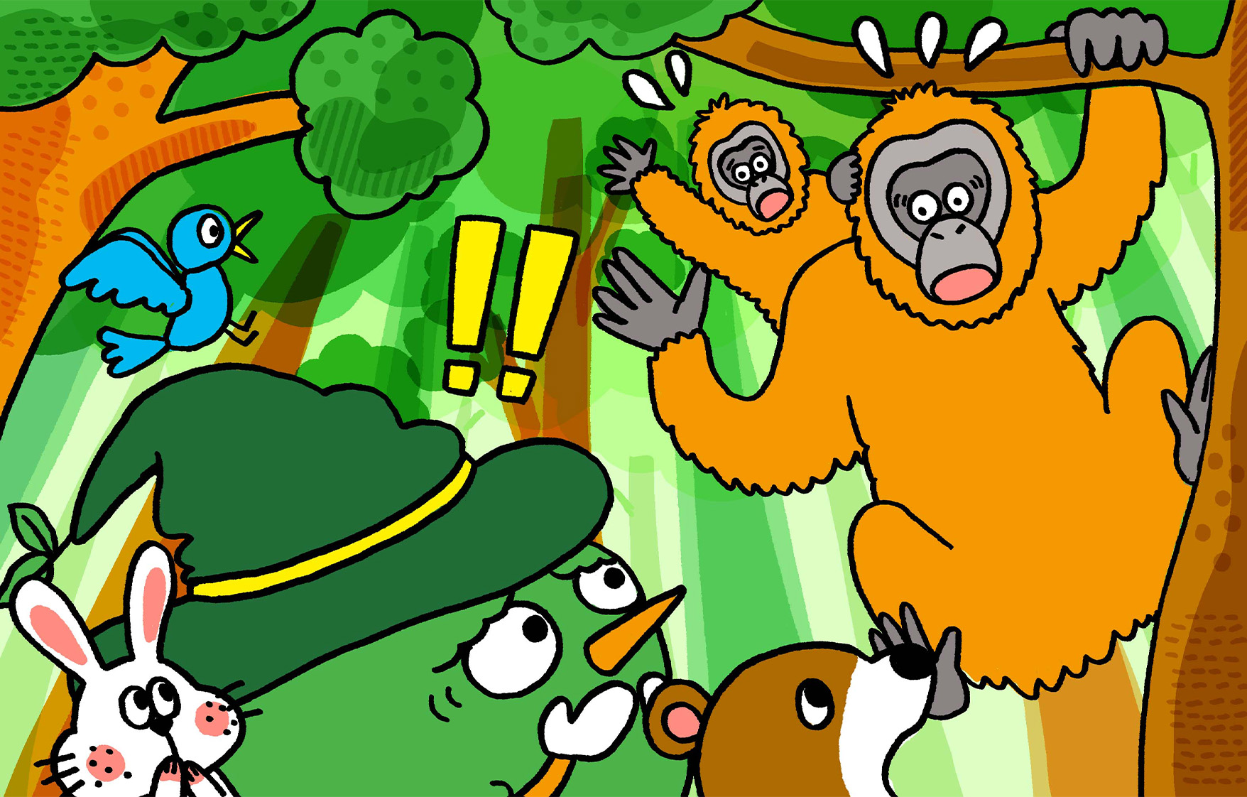 慌てた様子でやってきたオランウータンの話すことに驚くウィザーと動物たち