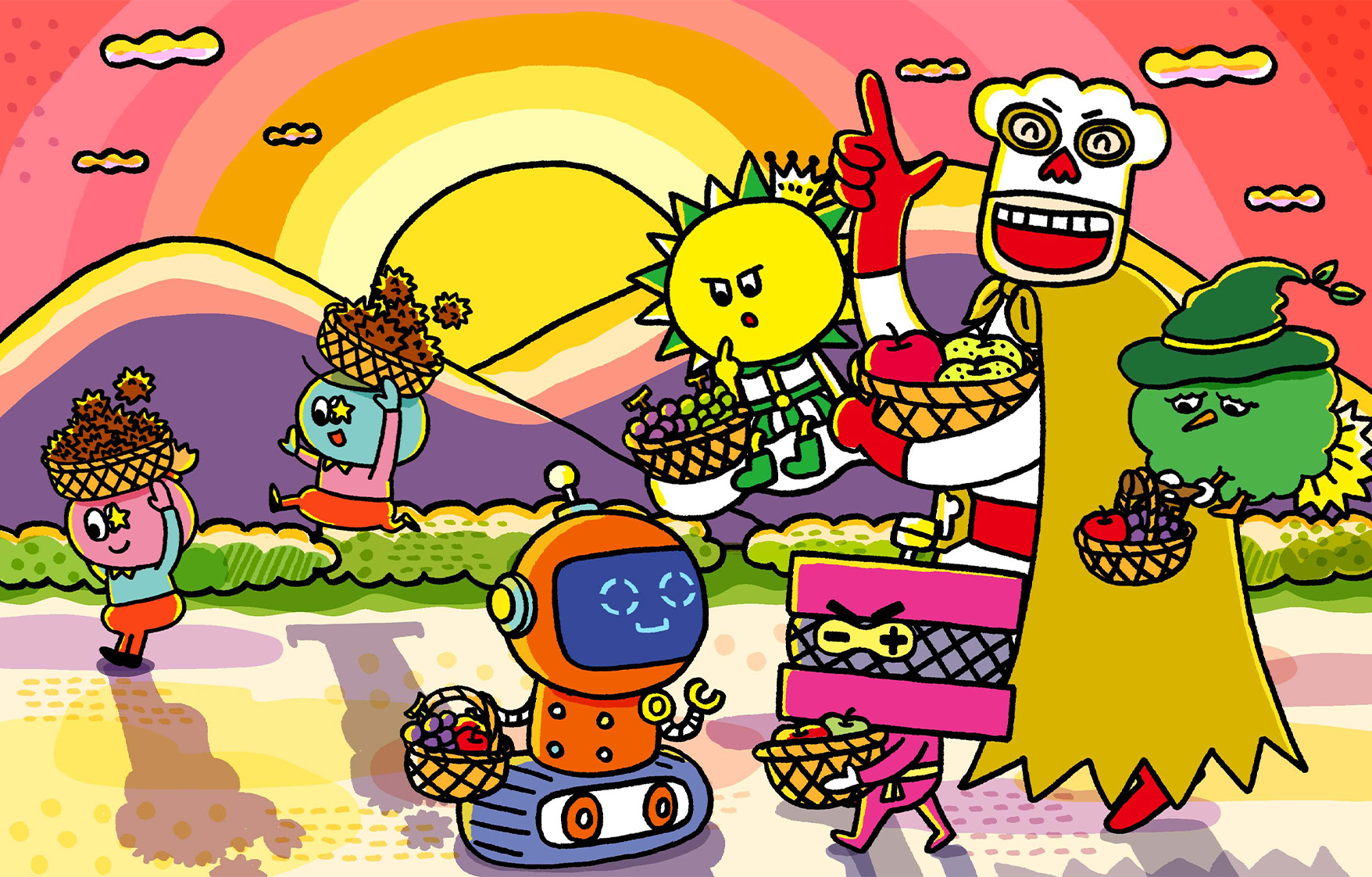 夕方果物狩りの帰り道、なかまたちが果物を持って歩いている。インフィーがおうちキャンプを提案している。